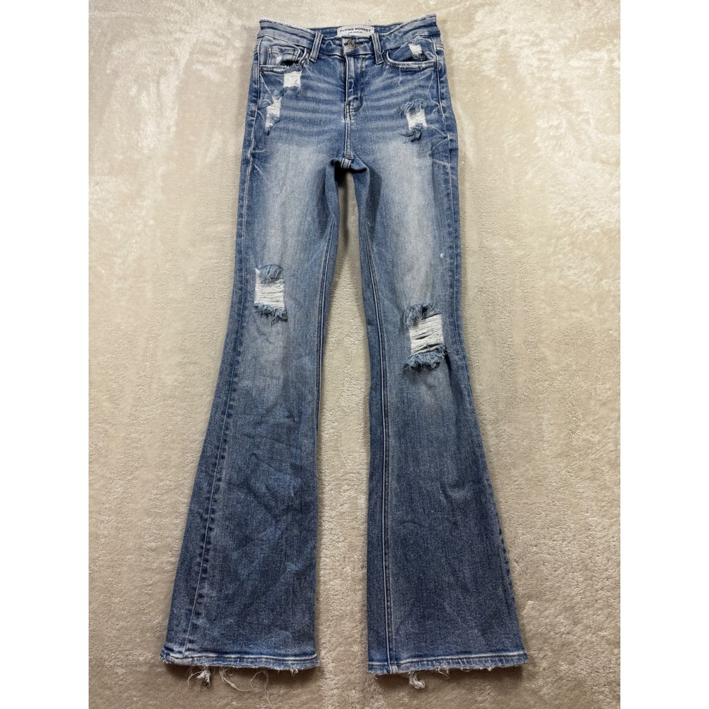 Flying Monkey Womens High Rise Flare/Boot Distressed Blue Jeans 25 Meas: 25x31.5